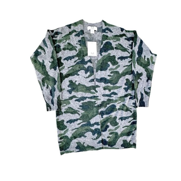 Magaschoni Women 100% Cashmere Open Front Cardigan Sweater Green/Gray Camo M - Picture 2 of 5